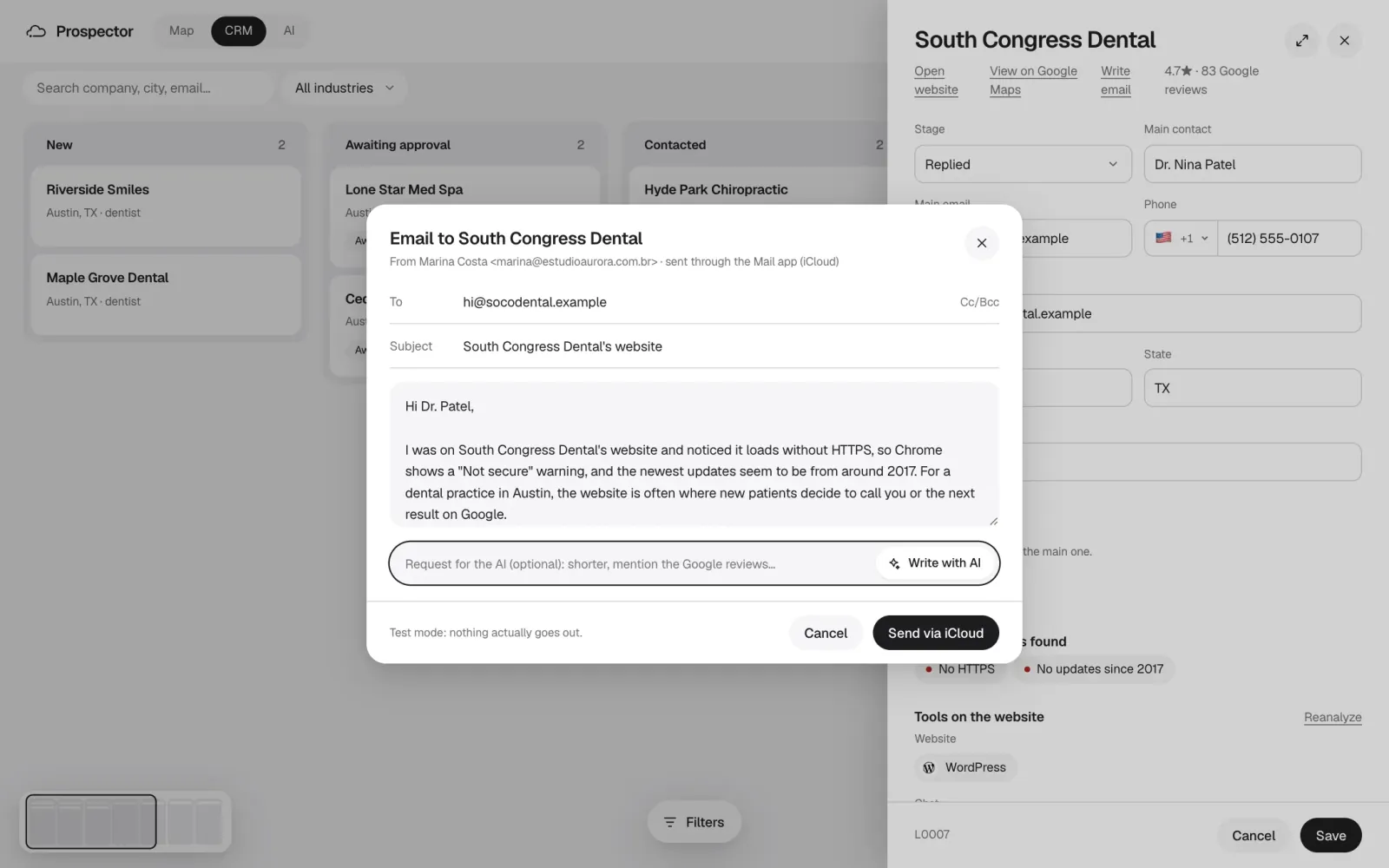 A first email, written from the analysis and ready for review. Sample data.