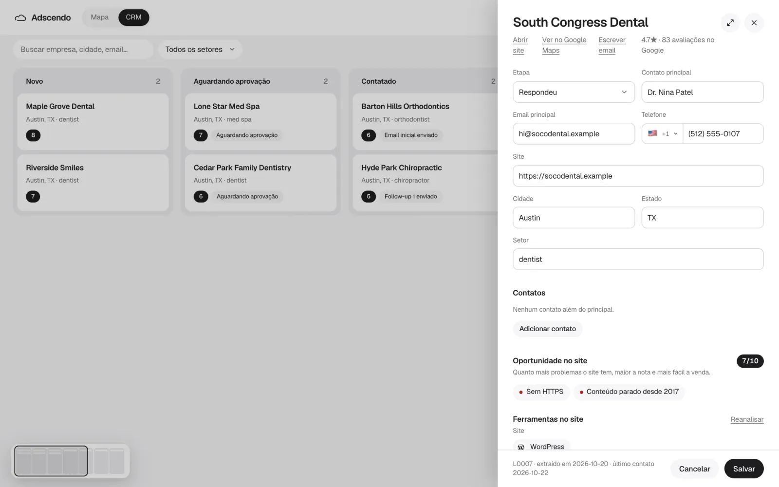 Um lead no CRM, com o que a análise encontrou. Dados de exemplo.