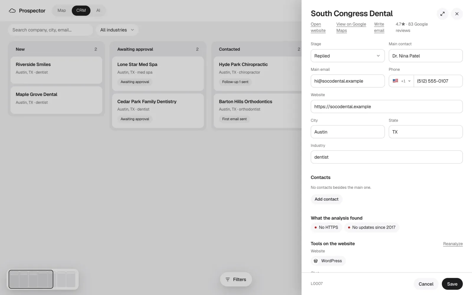 A lead in the CRM, with what the analysis found. Sample data.