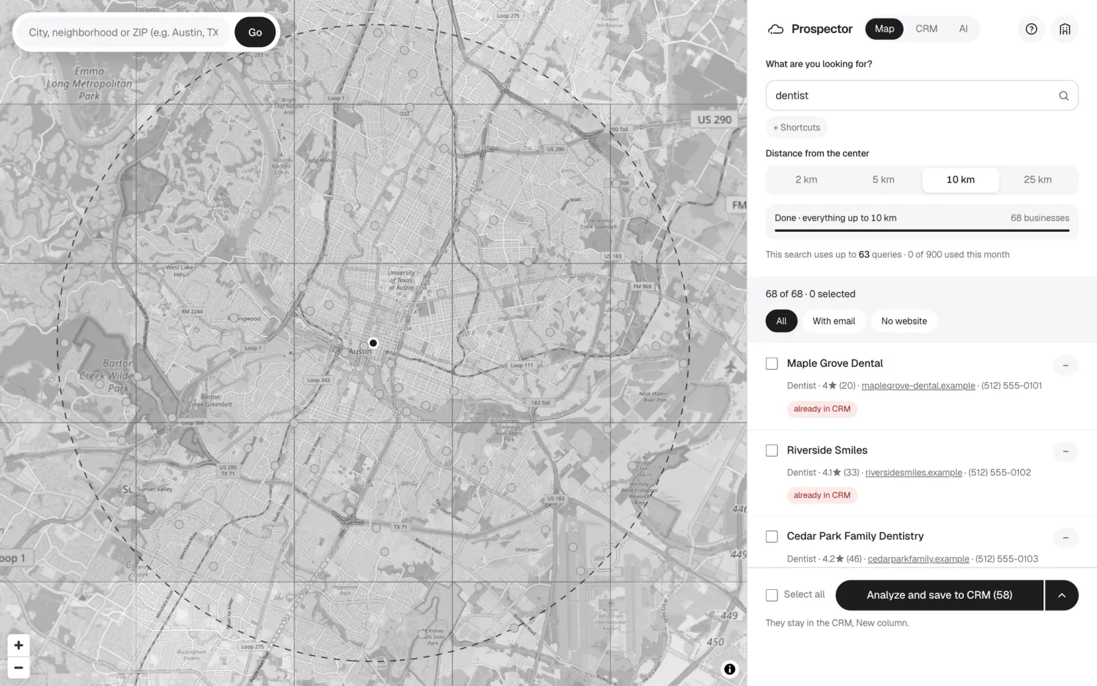 Searching for dentists within 10 km of downtown Austin. Sample data.